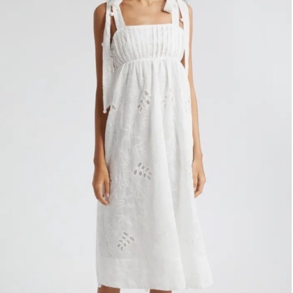 FARM Rio White Eyelet Midi Dress with Tie Straps